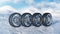 3d illustration winter tires on a background and slippery winter road. Winter tires concept. Concept tyres, winter tread