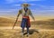 3D Illustration of Wise Old Traditional Asian Man Walking Through Desert