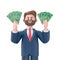 3D illustration of woman with banknotes of money in his hands. The concept of wealth. 3D illustration in cartoon style.