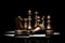 3D illustration of wooden chess pieces illuminated from above.