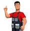 3d illustration Young man in a work overalls and a red t-shirt explains