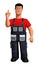 3d illustration Young man in a work overalls and a red T-shirt makes the gesture `attention`