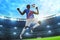 3d illustration young professional soccer player jump in the stadium field with blue sky