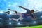 3d illustration young professional soccer player kick ball in the stadium field with blue sky