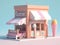 3D image isometric view of pastel colored ice cream shop.
