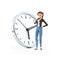 3d impatient cartoon woman standing in front of clock