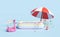 3d Inflatable Pool with swim ring flamingo, umbrella, beach ball isolated on blue background. Summer decorate concept, 3d render
