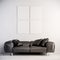 3d interior render with leather couch and blank frame on white wall