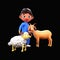 3D Islamic Young Boy Standing With Cartoon Sheep And Goat Illustration On Black