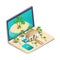 3D Isometric. Advertising concept of tours. Online viewing of apartments, selection of tours via the Internet, selection