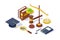 3d isometric justice equipment with hammer, pen, libra balance, book.