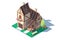 3d isometric large classic village house with green tree.