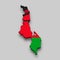 3d isometric Map of Malawi with national flag.