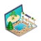 3D Isometric New Year party on the beach. Advertising concept of tours. Online viewing of apartments, choosing a tour