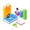 3d Isometric online learning or courses concept. Students or schoolchildren gain knowledge through the Internet using
