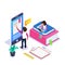 3d Isometric online learning or distance courses concept. Student reads textbook through mobile phone. Girl with laptop