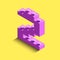 3d isometric pink number Two from lego brick on yellow background. 3d number from lego bricks. Realistic number