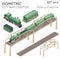 3d isometric retro railway with steam locomotive and carriages.