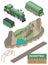 3d isometric retro railway with steam locomotive and carriages.