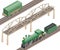 3d isometric retro railway with steam locomotive and carriages.