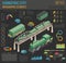 3d isometric retro railway with steam locomotive and carriages.