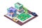 3d isometric square ground playground near shop and parking.