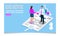 3D isometric Successful business negotiations, pay raise discussion agreement concept with people worker handshake and deal