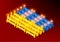 3D isometric traffic barriers with light in row, Ukraine national flag pattern shape, Repair Peace and Stop war crisis concept