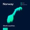 3d isometric vector Norway map in neon turquoise colors on a dark blue background.