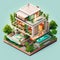 3d isometric white vibrant house and plants. Generative ai