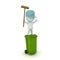 3D Janitor standing on top of wheelie bin with arms raised