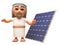 3d Jesus Christ cartoon character standing next to a renewable energy solar panel, 3d illustration