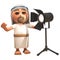 3d Jesus Christ cartoon character stands next to a studio spotlight, 3d illustration
