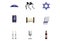 3D Jewish symbols set, Kippah, Tefillin, Star of David, Torah scroll, Tallit, Shabbat candles, Kiddush cup, wine bottle illustrati