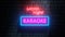 3d Karaoke Ladies night neon sign on brick wall. Illuminated banner, bright billboard, glowing signboard. Advertising bright night