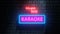 3d Karaoke music bar advertisement neon signboard on brick wall. Night bright neon sign, colorful billboard, light banner