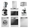 3d kitchen appliance. Realistic metal household electric machinery, steel color washing machine, closed dishwasher