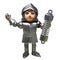 3d knight in shining armour holding a suspension shock absorber, 3d illustration