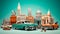 The 3D landmarks in different cities. Classic american cars