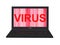 3d laptop with red binary code screen and word `Virus`