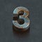 3d letters, number three on a rusted metal surface, 3d render