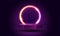 3D light neon podium. Cyberpunk exhibition showcase. Empty blue platform or product scene. Glowing ring. Purple gradient