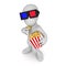 3d Little person wearing 3d glasses and eating popcorn at the cinema