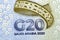 3D logo of the Kingdom\'s Presidency of G20 summit in 2020 AD 1442 AH from Obverse side of 20 SAR twenty Saudi Arabia Riyals