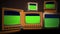 3d Loop Animation of televisions with no signal and blank green screen monitor,
