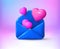 3d love romantic letter, valentine day, pink hearts in blue envelope. Modern email message render glossy element