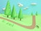 3d low poly-pine tree cartoon minimal style abstract nature green field hill mountain country road