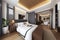 3D. Luxury bedroom interior in soothing white-brown colours and beige tones