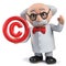 3d mad scientist character holding a copyright symbol