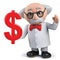 3d mad scientist character holding US Dollar currency symbol